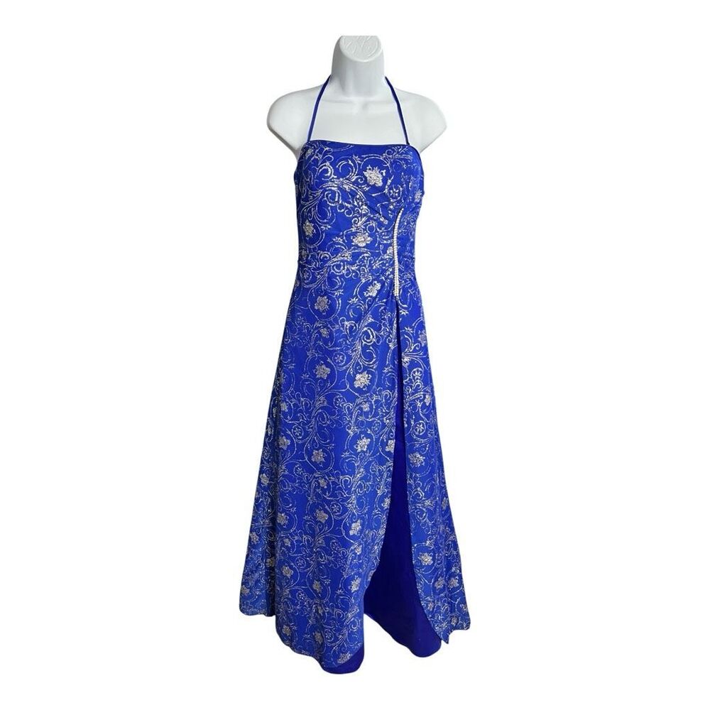 Royal Blue Glitter Maxi Dress Size 5/6 Sleeveless Halter Prom Party Sparkly
